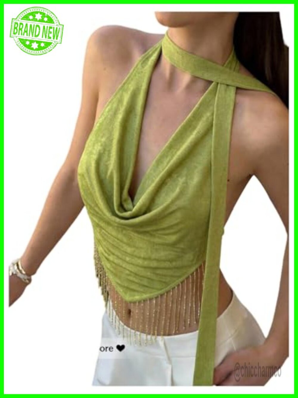 Fringe Cowl Neck Halter Top Backless Crop Top with Scarf